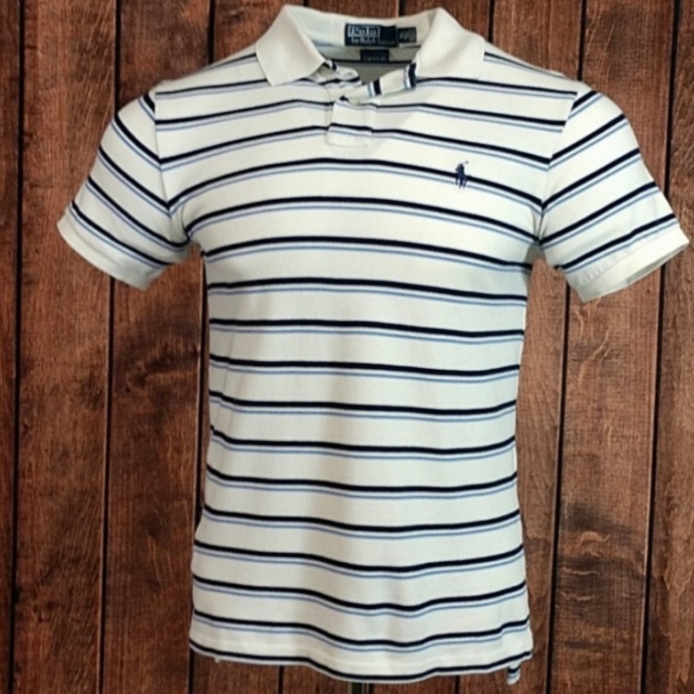 Men’s M White w/ Navy & Blue Stripes Polo by RL